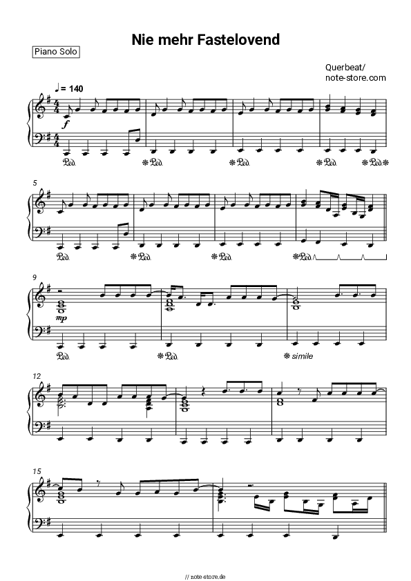 Noten Querbeat - Nie mehr Fastelovend - Klavier.Solo