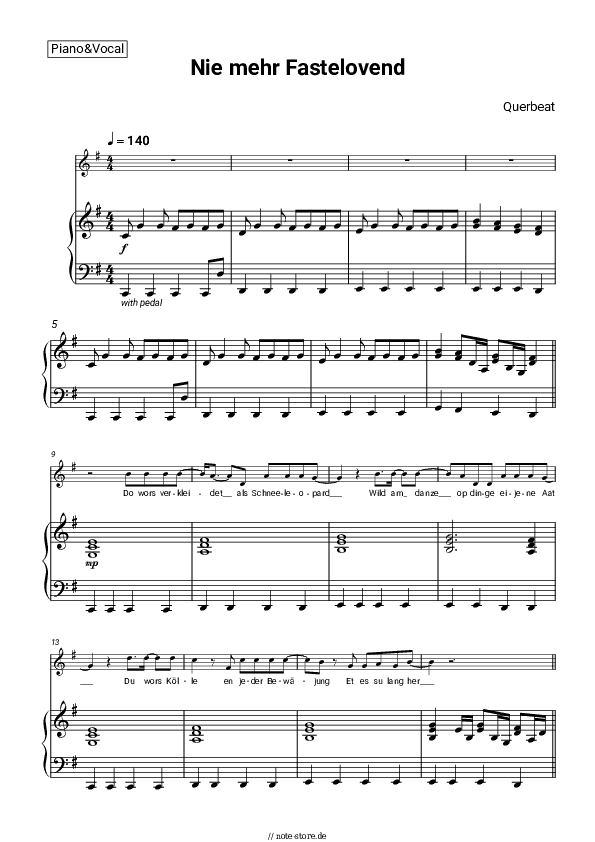 Noten mit Gesang Querbeat - Nie mehr Fastelovend - Klavier&Gesang
