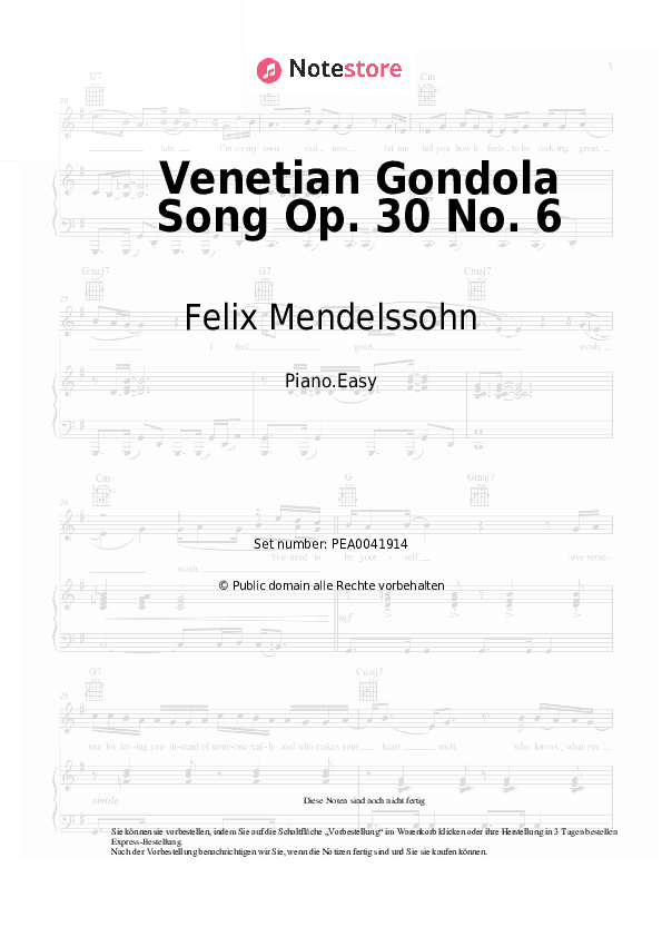 Einfache Noten Felix Mendelssohn - Venetian Gondola Song Op. 30 No. 6 - Klavier.Einfach