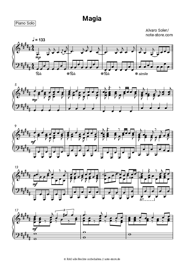 Noten Alvaro Soler - Magia - Klavier.Solo