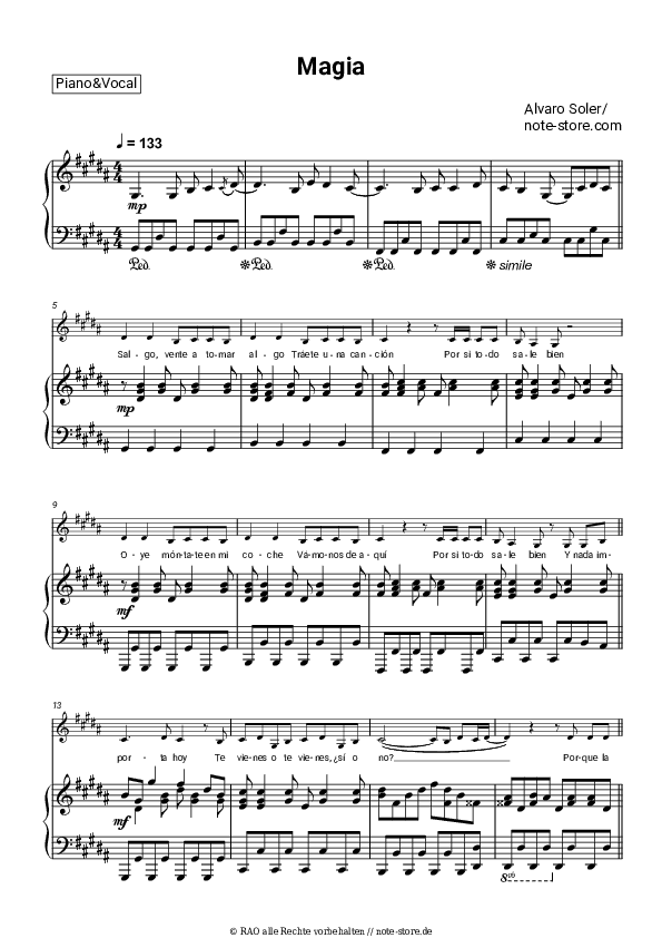 Noten mit Gesang Alvaro Soler - Magia - Klavier&Gesang