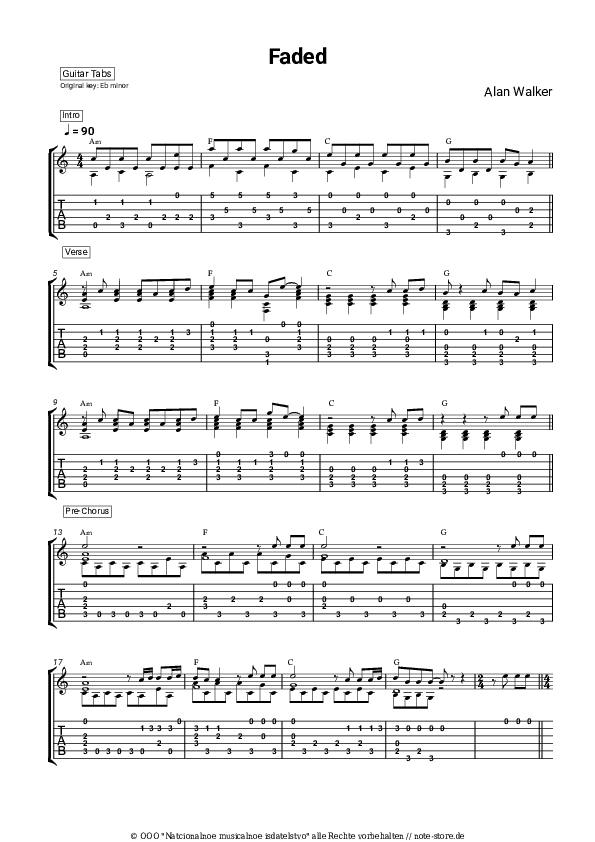 Tabs Alan Walker - Faded - Gitarre.Tabs