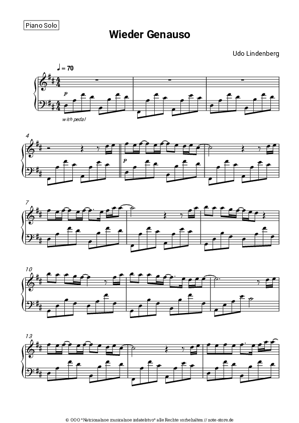 Noten Udo Lindenberg - Wieder genauso - Klavier.Solo