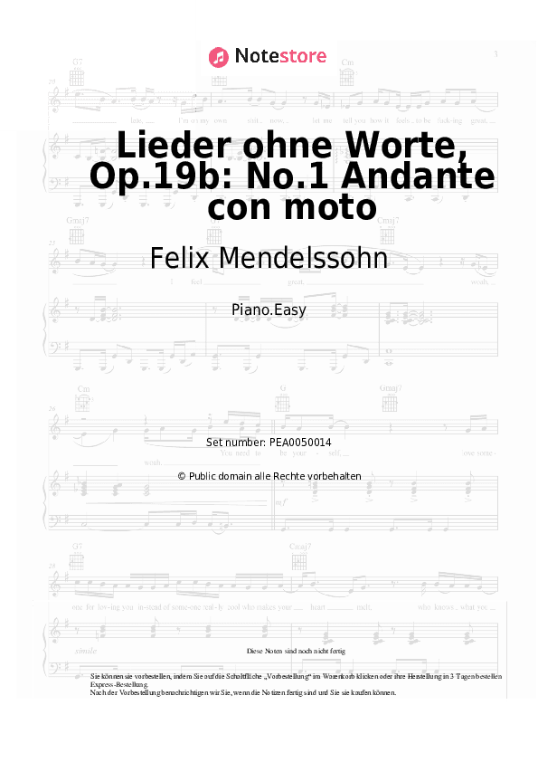 Einfache Noten Felix Mendelssohn - Lieder ohne Worte, Op.19b: No.1 Andante con moto - Klavier.Einfach