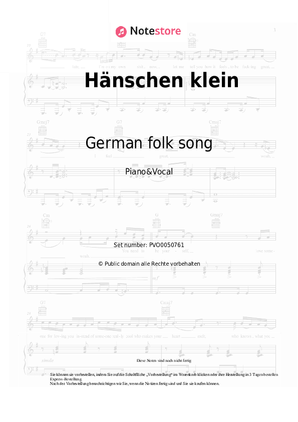 Noten mit Gesang German folk song - Hänschen klein - Klavier&Gesang