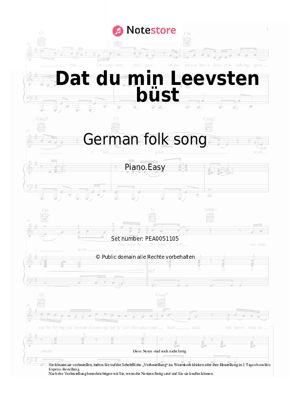 Einfache Noten German folk song - Dat du min Leevsten büst - Klavier.Einfach