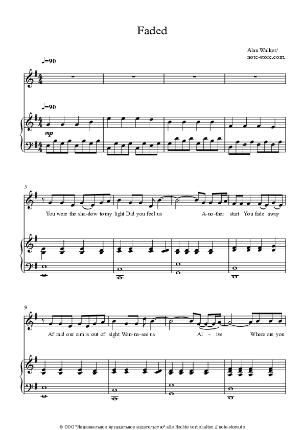 Noten mit Gesang Alan Walker - Faded - Klavier&Gesang