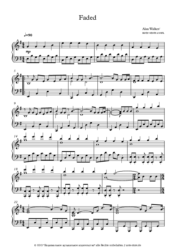 Einfache Noten Alan Walker - Faded - Klavier.Einfach