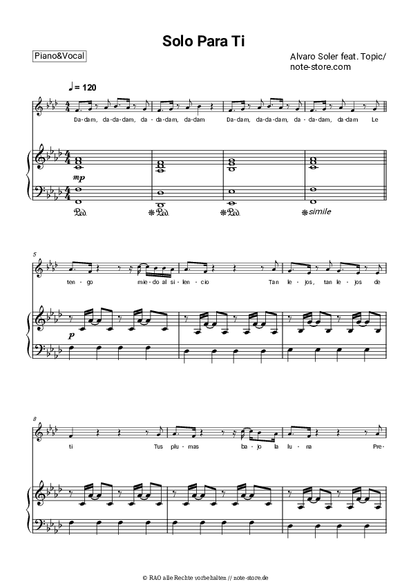 Noten mit Gesang Alvaro Soler, Topic - Solo Para Ti - Klavier&Gesang