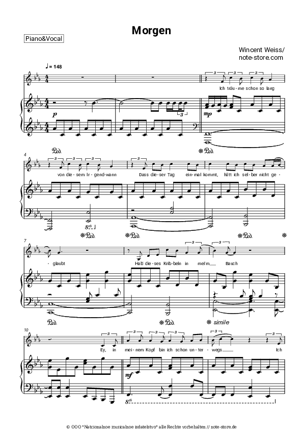 Noten mit Gesang Wincent Weiss - Morgen - Klavier&Gesang