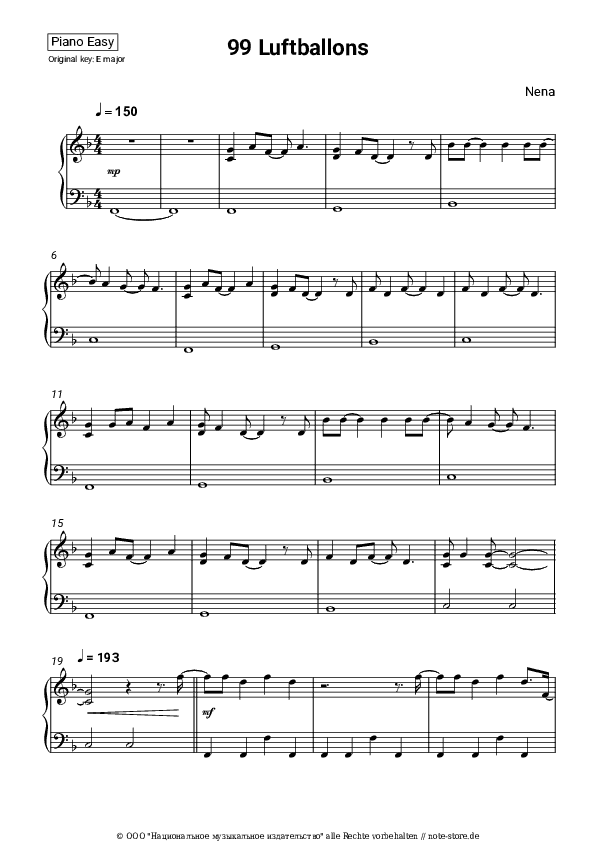 Einfache Noten Nena - 99 Luftballons - Klavier.Einfach